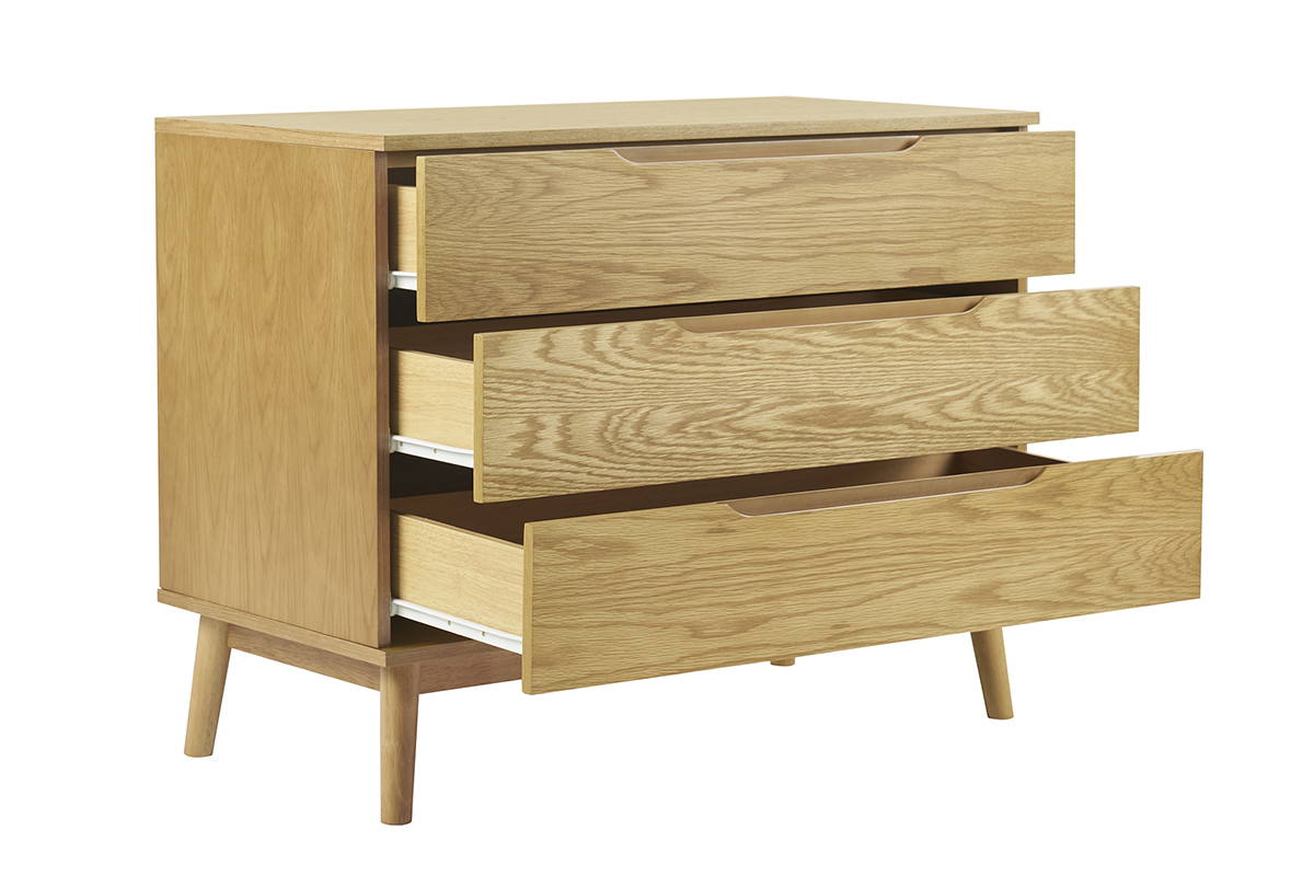 Commode scandinave en bois clair, 3 tiroirs ouverts, vue de c�t�.