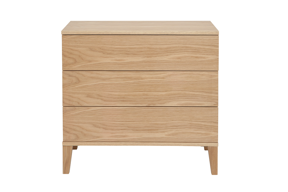 Commode scandinave en bois clair 3 tiroirs vue de face.