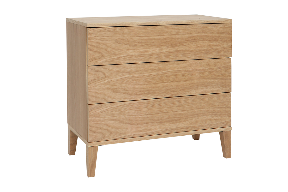 Commode scandinave en bois clair, 3 tiroirs, vue de 3/4.