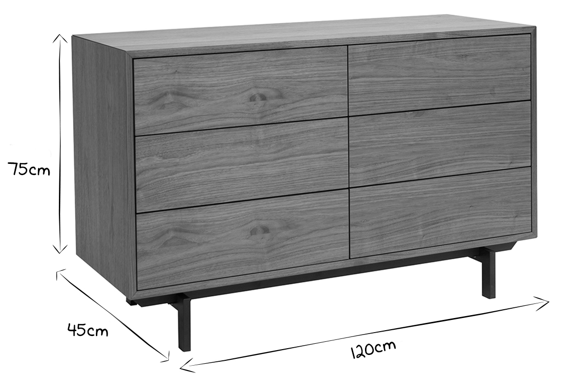 Commode vintage 6 tiroirs, dimensions L120 x P45 x H75 cm, bois fonc� et m�tal noir, vue 3/4 en noir et blanc.