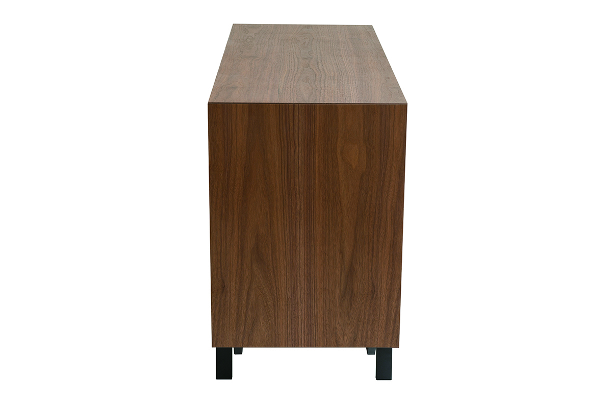 Commode bois fonc� vue de c�t�, m�tal noir, 6 tiroirs MANNY, L120 cm.