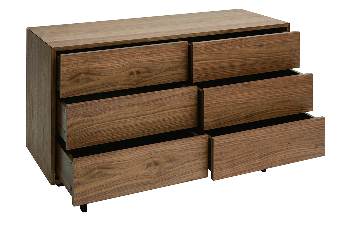 Commode en bois fonc� noyer et m�tal noir avec 6 tiroirs ouverts, vue de trois-quarts.