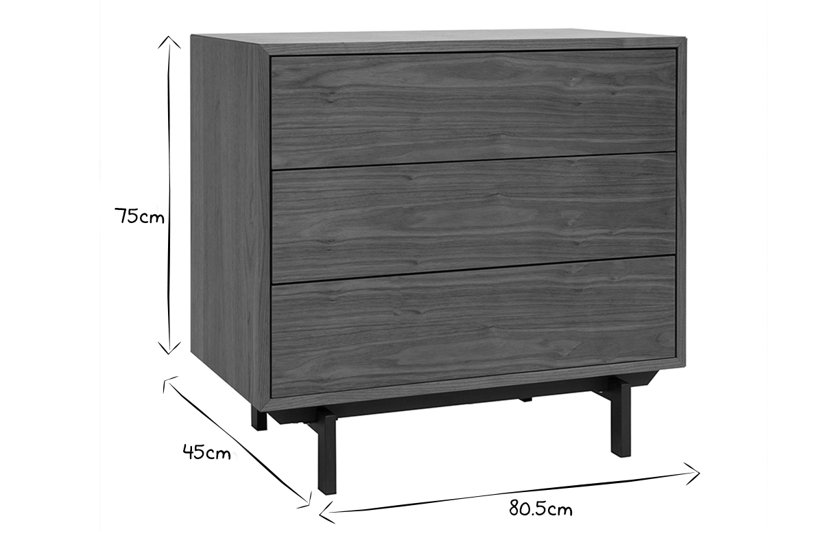 Commode vintage en noir et blanc avec dimensions L80.5 x P45 x H75 cm, vue de profil.