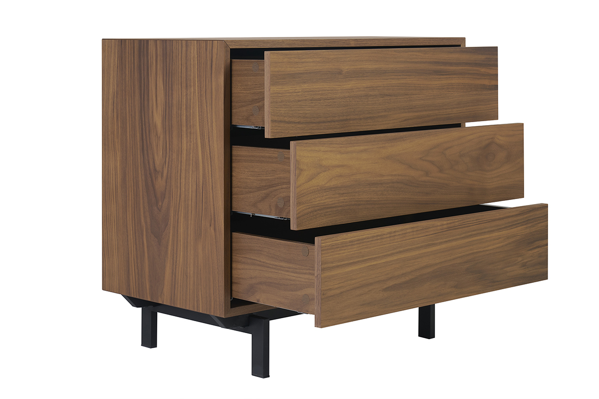 Commode vintage en bois fonc� et m�tal noir, trois tiroirs ouverts, vue de 3/4.