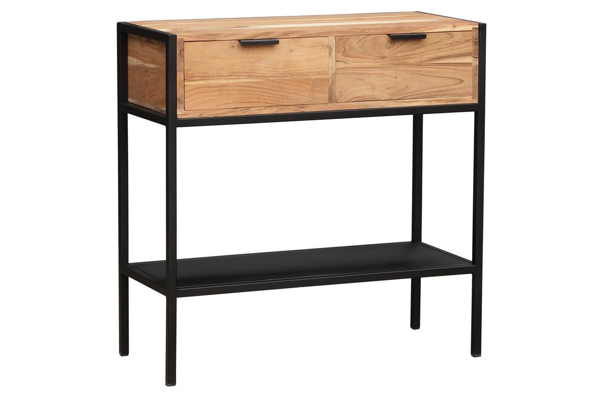 Console avec rangements 2 tiroirs en bois massif et m�tal noir L80 cm ARTHUS