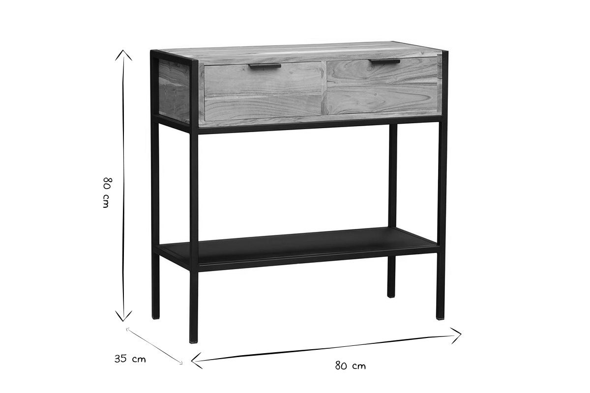 Console avec rangements 2 tiroirs en bois massif et m�tal noir L80 cm ARTHUS