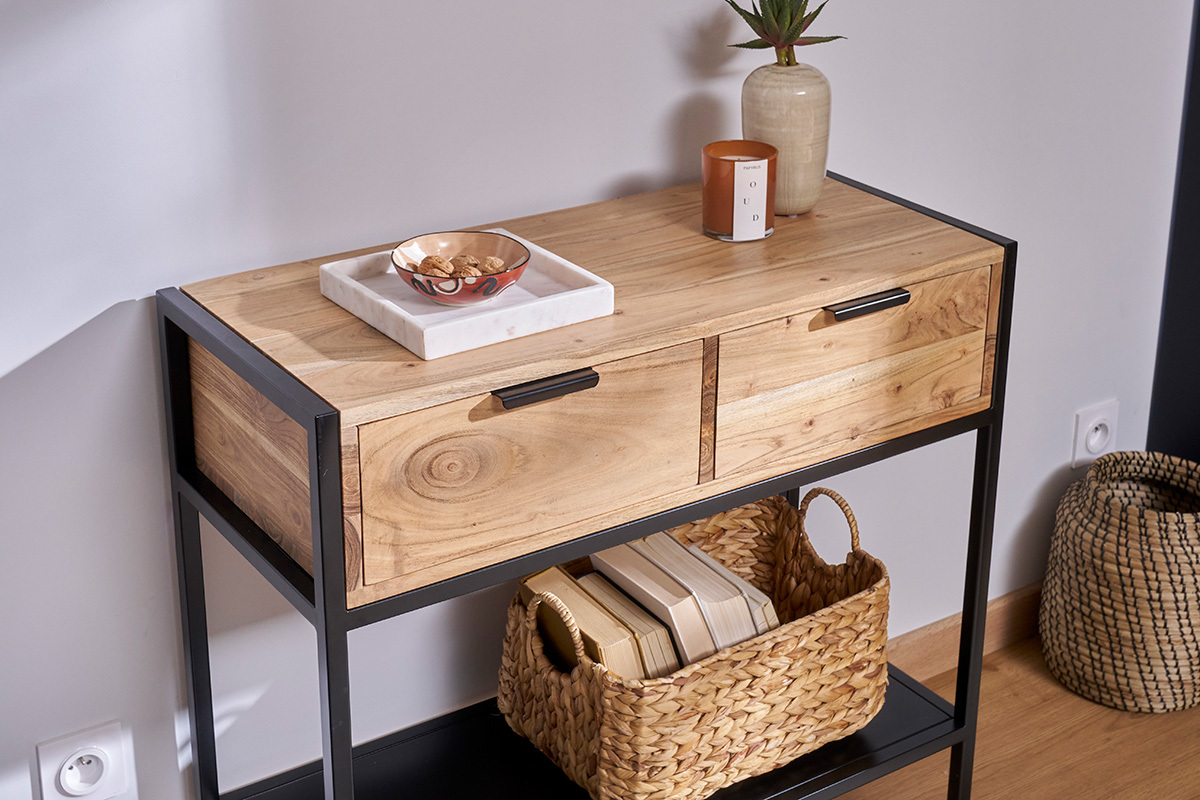 Console avec rangements 2 tiroirs en bois massif et m�tal noir L80 cm ARTHUS