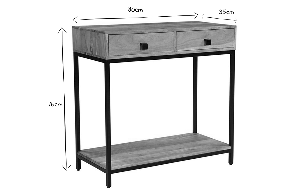 Console avec rangements 2 tiroirs en bois massif et m�tal noir L80 cm AXELLE