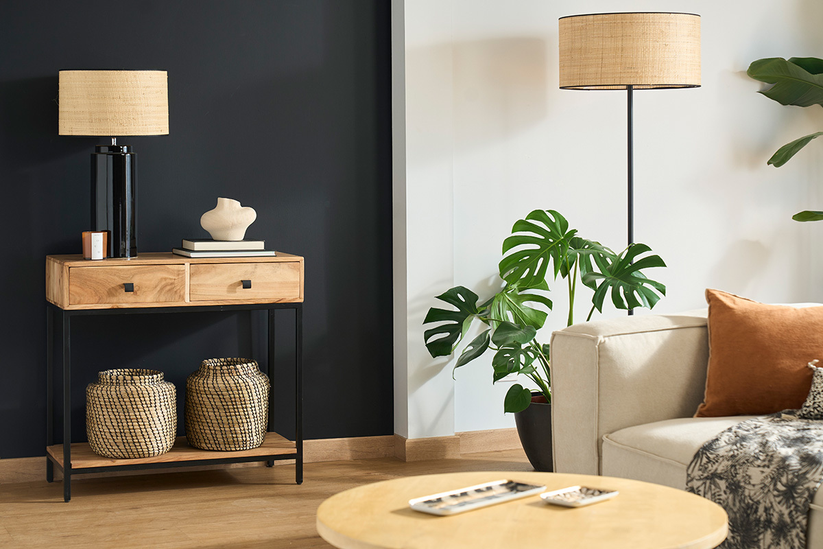 Console avec rangements 2 tiroirs en bois massif et m�tal noir L80 cm AXELLE