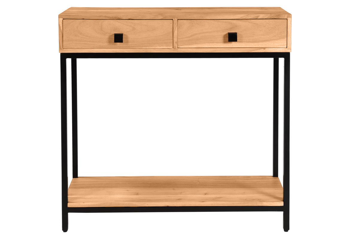 Console avec rangements 2 tiroirs en bois massif et m�tal noir L80 cm AXELLE
