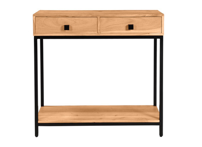 Console avec rangements 2 tiroirs en bois massif et m&eacute;tal noir L80 cm AXELLE