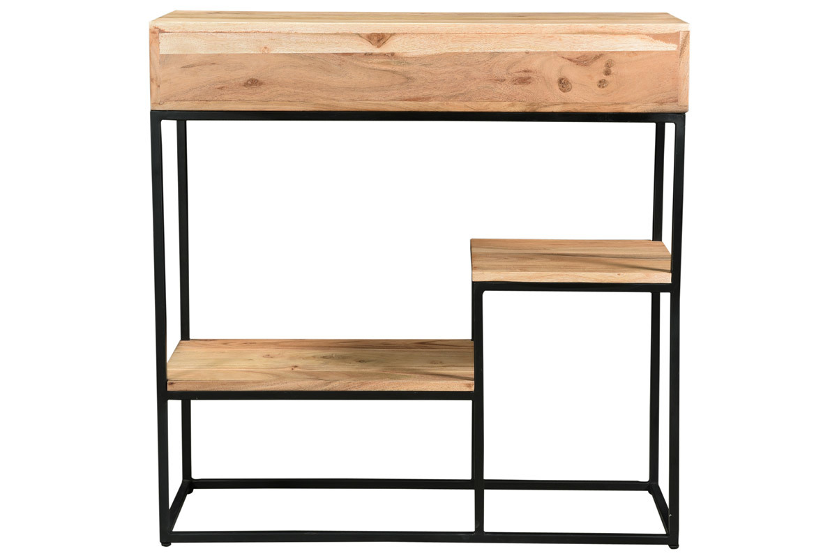 Console avec rangements 2 tiroirs en bois massif et m�tal noir L80 cm GRENELLE