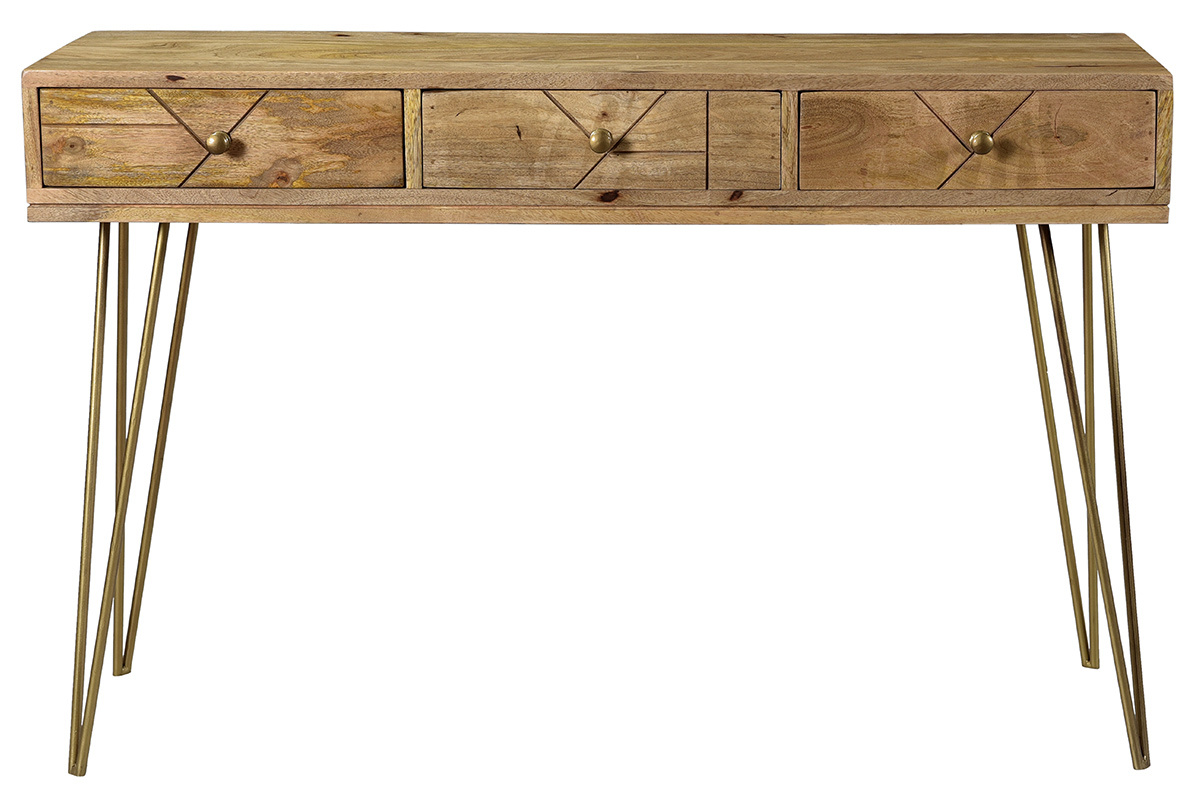 Console avec rangements 3 tiroirs en bois manguier massif grav� et m�tal dor� L120 cm LINIUM