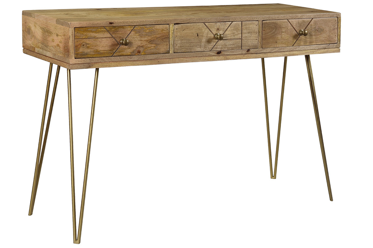 Console avec rangements 3 tiroirs en bois manguier massif grav� et m�tal dor� L120 cm LINIUM