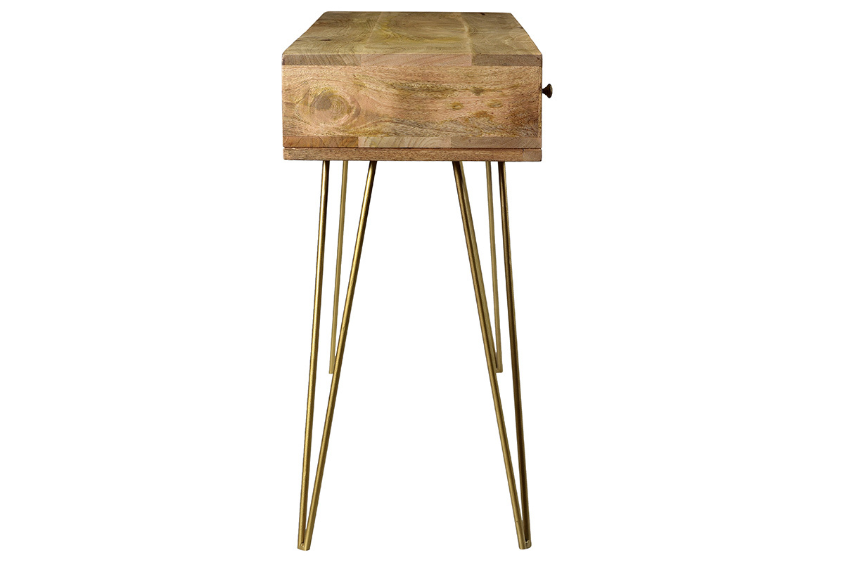 Console avec rangements 3 tiroirs en bois manguier massif grav� et m�tal dor� L120 cm LINIUM