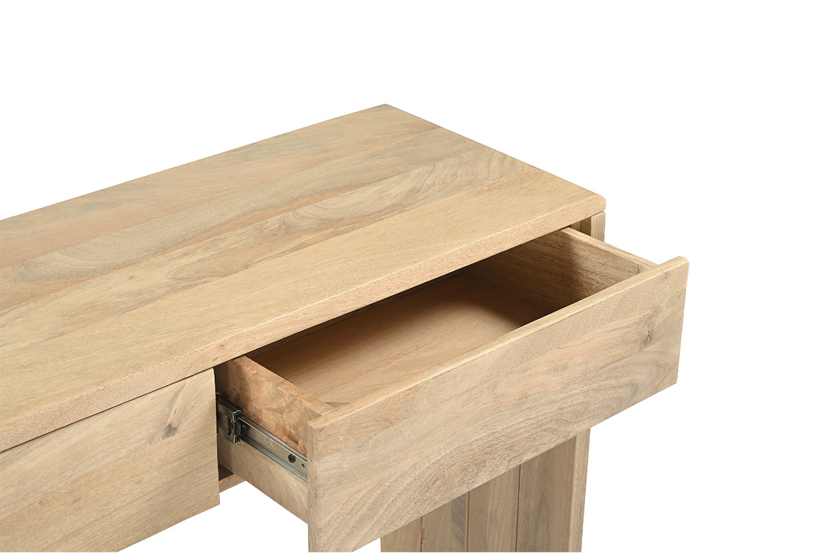 Console en bois clair manguier massif avec tiroirs, vue de dessus