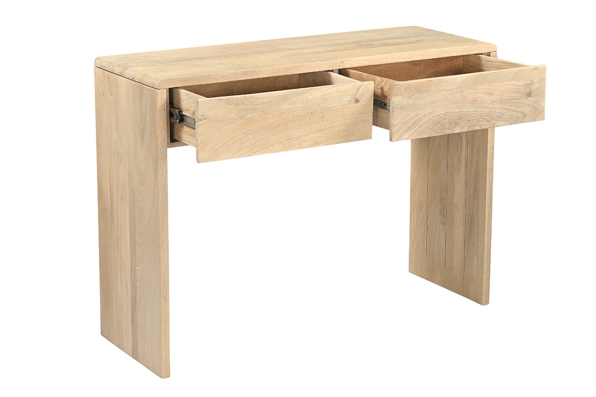 Console en bois clair manguier massif avec deux tiroirs, vue de 3/4