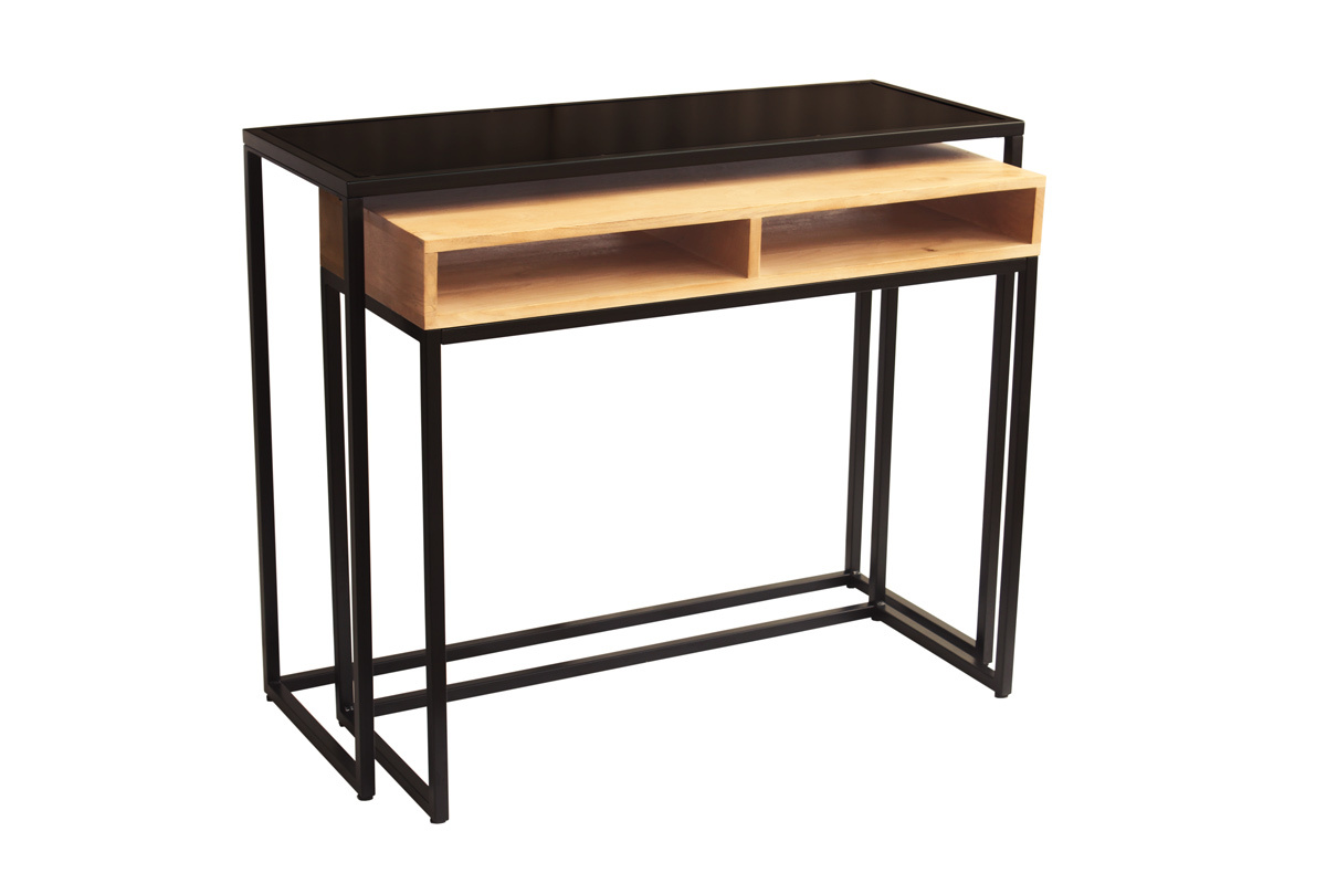 Console bureau d'appoint avec rangements casiers en bois manguier massif et m�tal noir L100 cm YPKA
