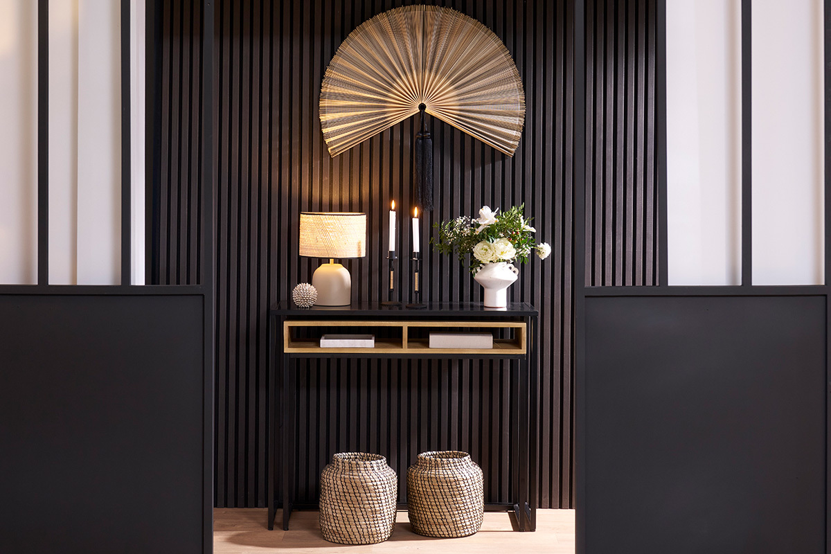 Console bureau d'appoint avec rangements casiers en bois manguier massif et m�tal noir L100 cm YPKA