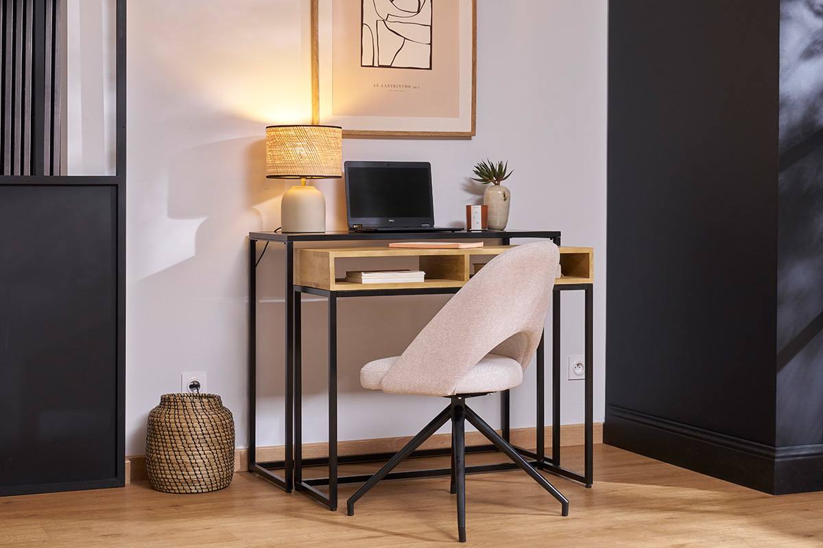 Console bureau d'appoint avec rangements casiers en bois manguier massif et m�tal noir L100 cm YPKA