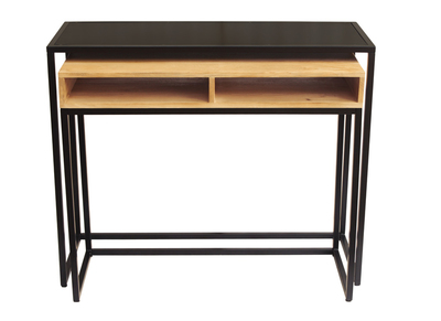 Console bureau d'appoint avec rangements casiers en bois manguier massif et m&eacute;tal noir L100 cm YPKA