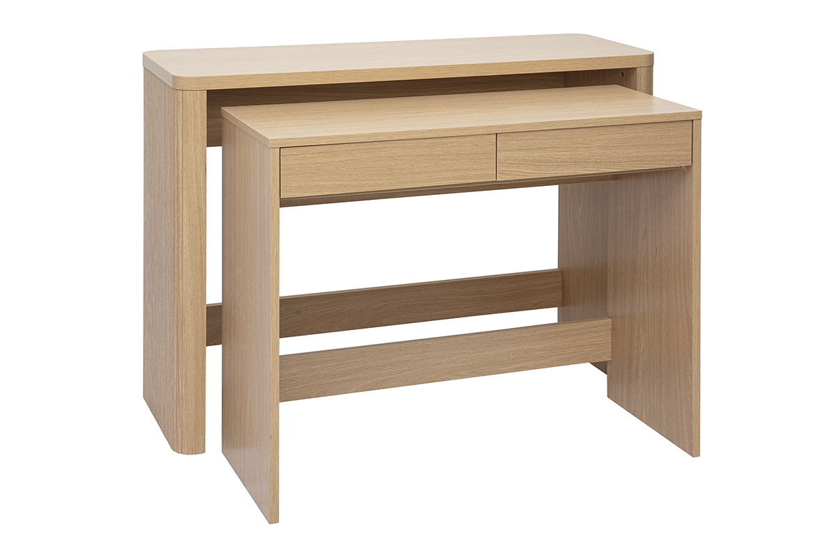Console bureau d'appoint avec tiroirs, finition bois clair ch�ne, vue de face.