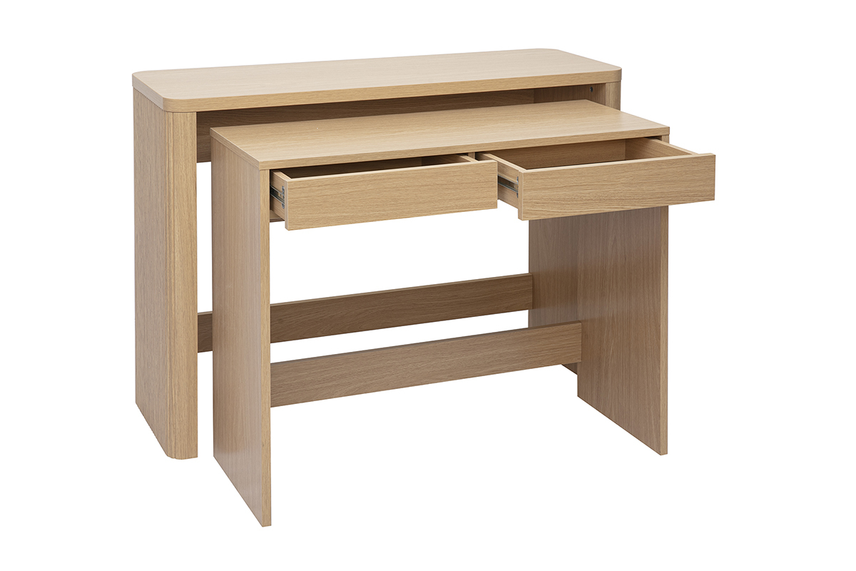 Console d'appoint ENOLA en bois clair ch�ne, vue de face avec tiroirs ouverts.