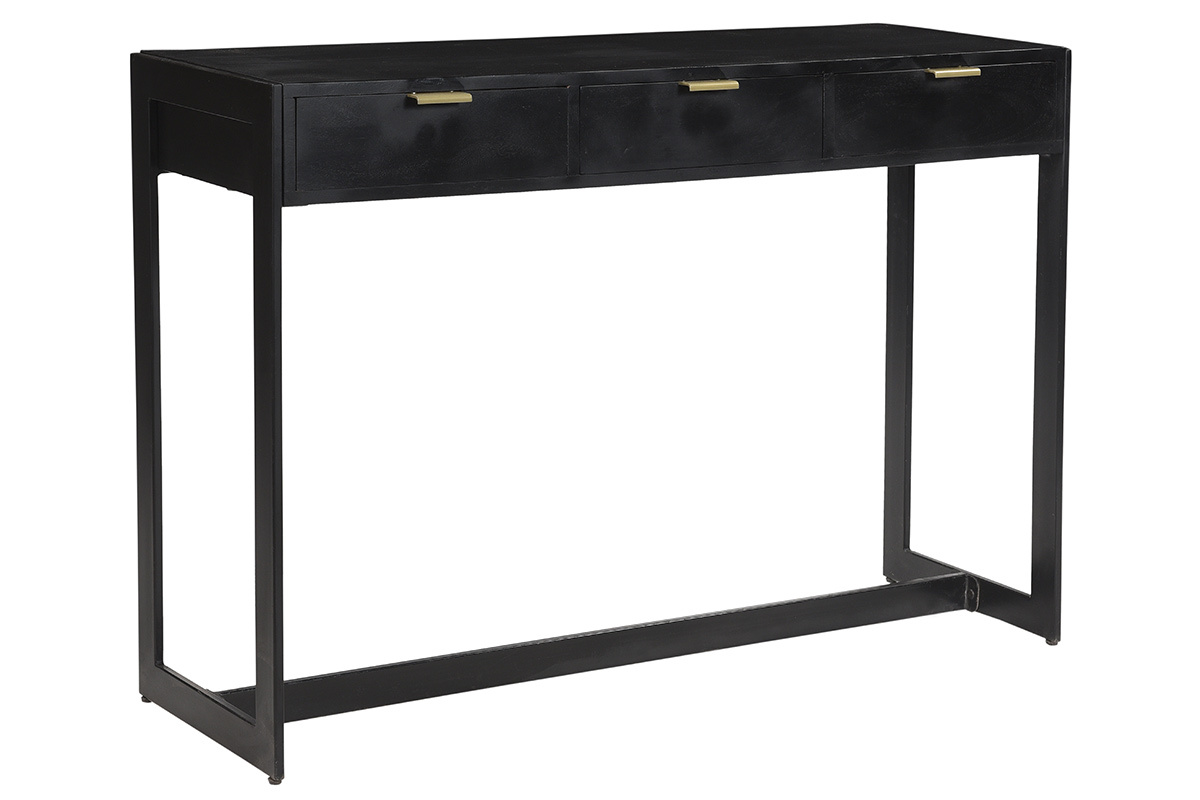 Console noire avec 3 tiroirs et pieds en m�tal, vue de 3/4.