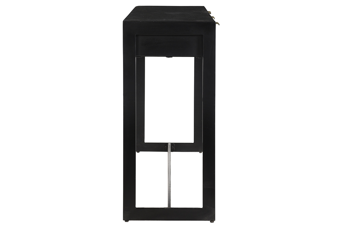 Console noire avec trois tiroirs, vue de c�t�, pi�tement en m�tal.