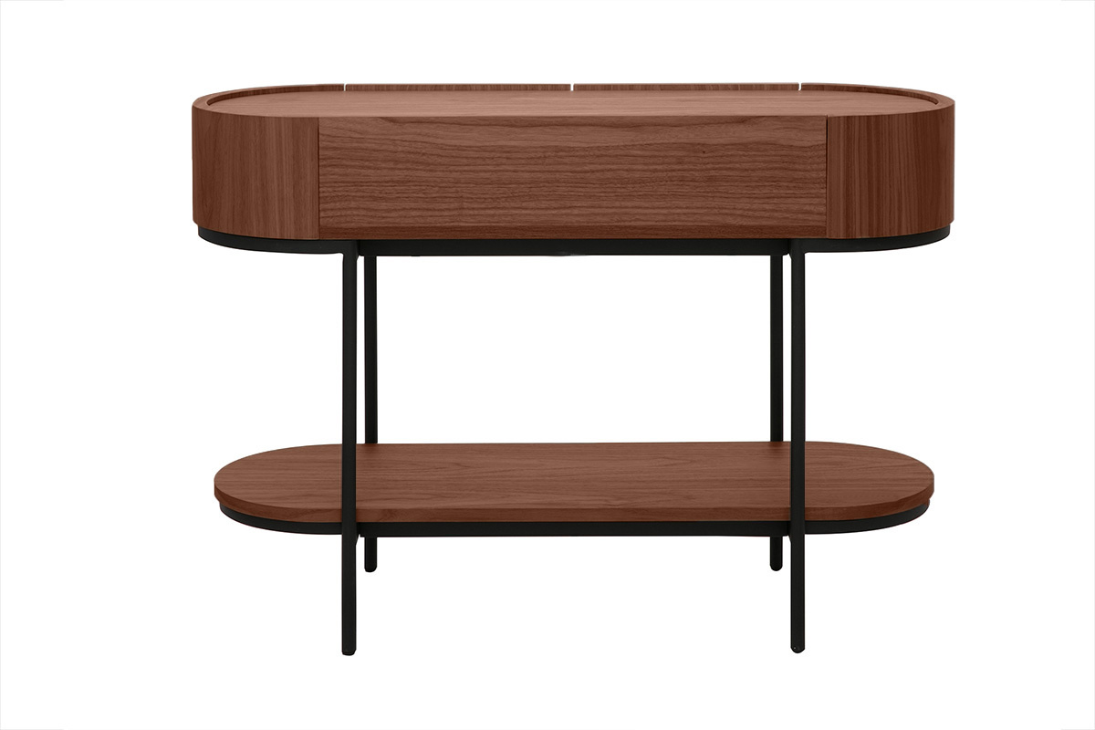 Console en bois fonc� et m�tal noir avec deux tiroirs, vue de dos.