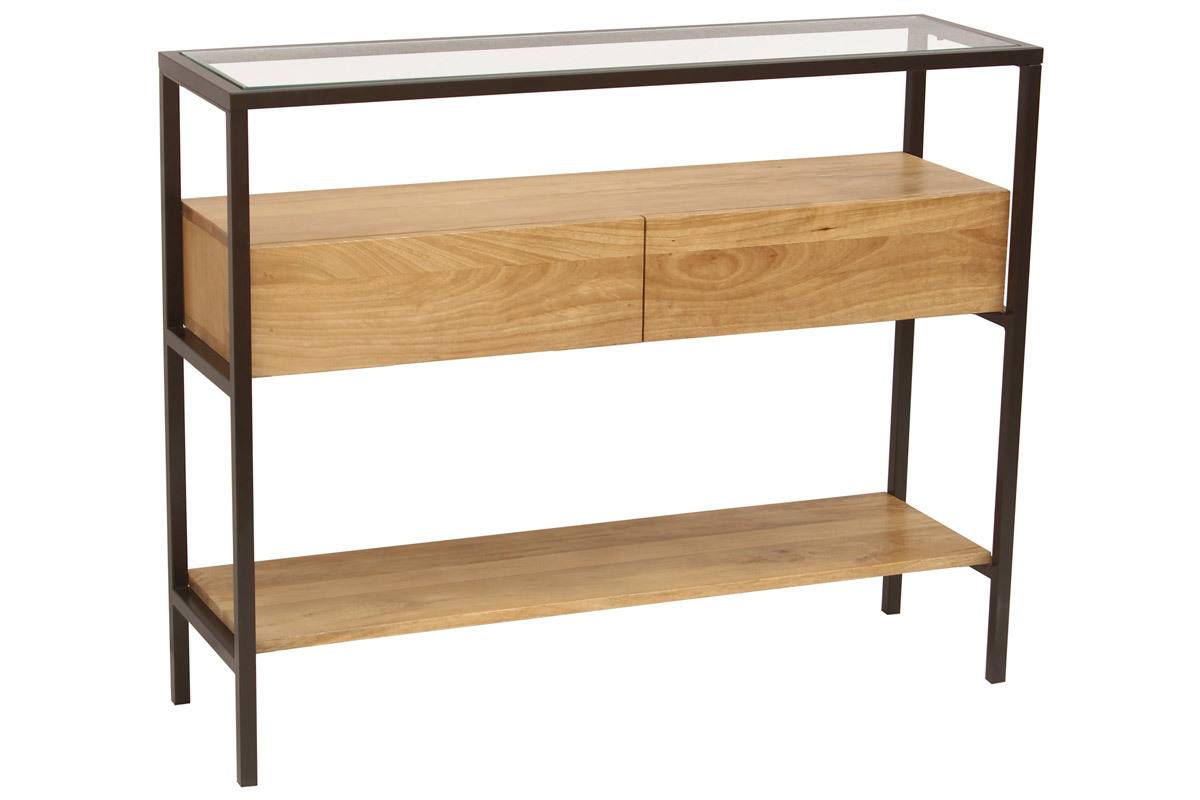 Console en bois clair manguier massif avec plateau en verre, deux tiroirs, vue de 3/4.