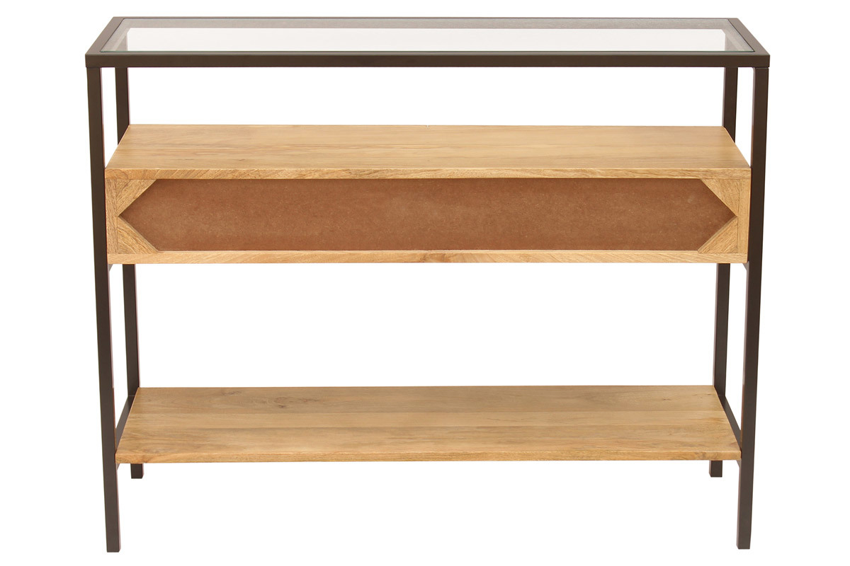 Console en bois clair manguier massif avec plateau en verre et 2 tiroirs, vue de dos.
