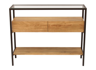 Console en bois clair manguier massif et plateau en verre 2 tiroirs L100 cm SITA