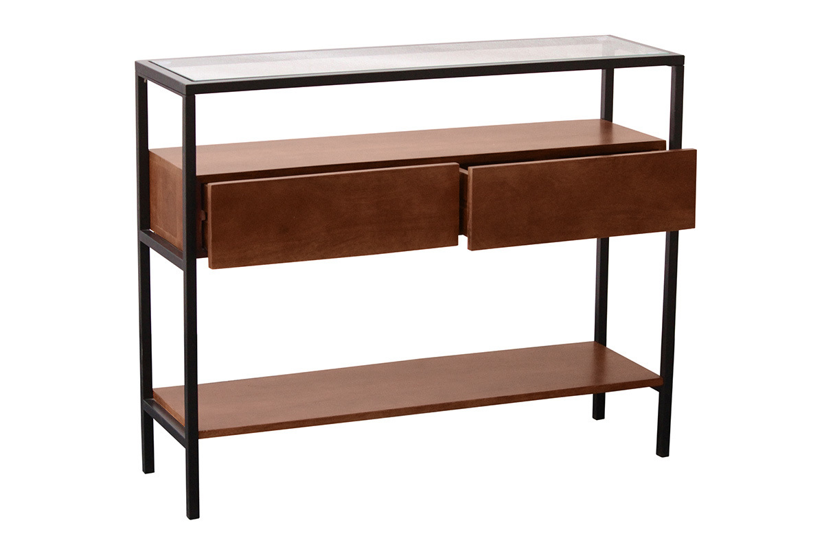 Console en bois fonc� manguier massif avec plateau en verre et 2 tiroirs, vue de 3/4.