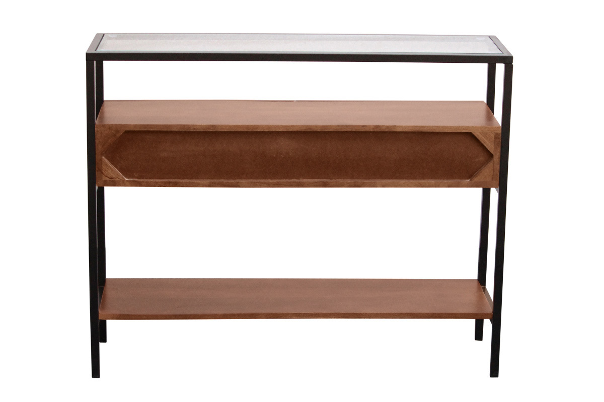 Console en bois fonc� manguier avec plateau en verre, vue de dos, 2 tiroirs, L100 cm SITA