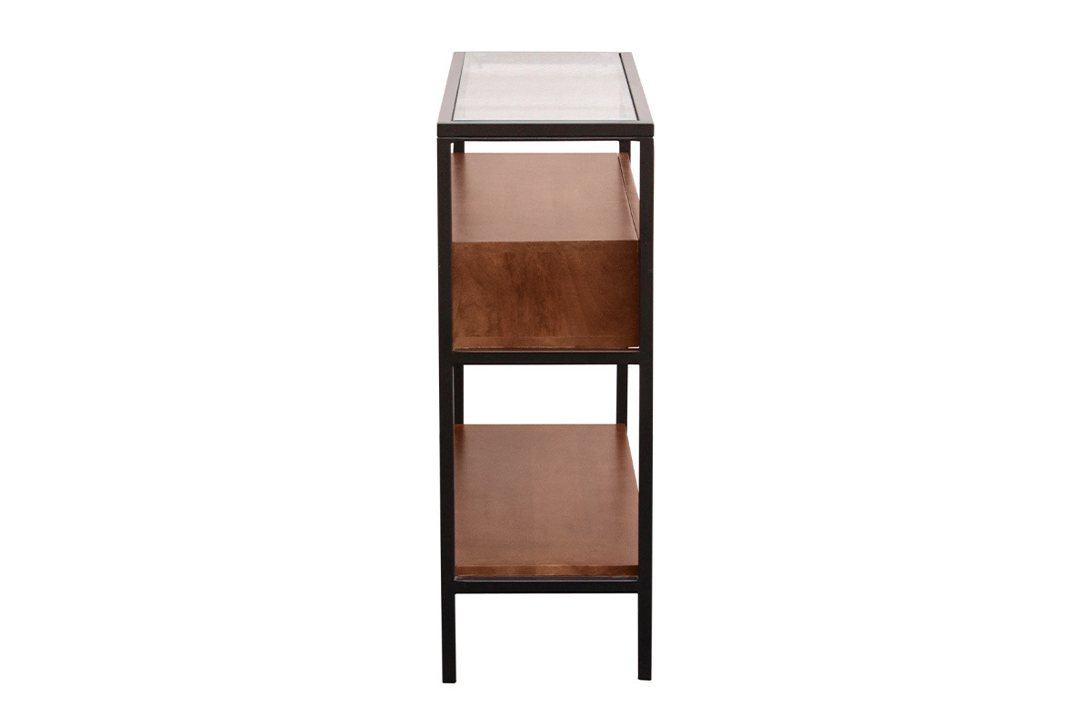 Console SITA en bois fonc� avec plateau en verre, deux tiroirs, vue de profil.