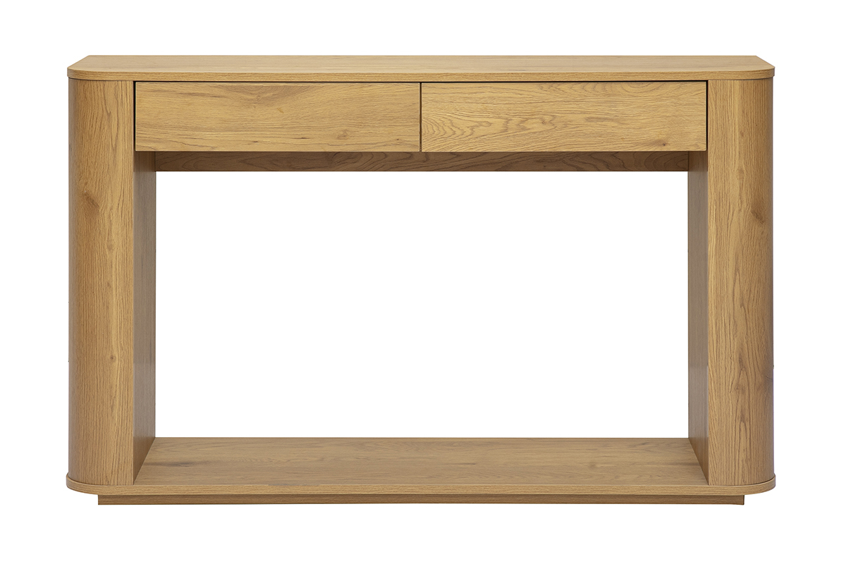 Console en bois clair ch�ne avec 2 tiroirs, vue de face, design �pur�, longueur 120 cm.