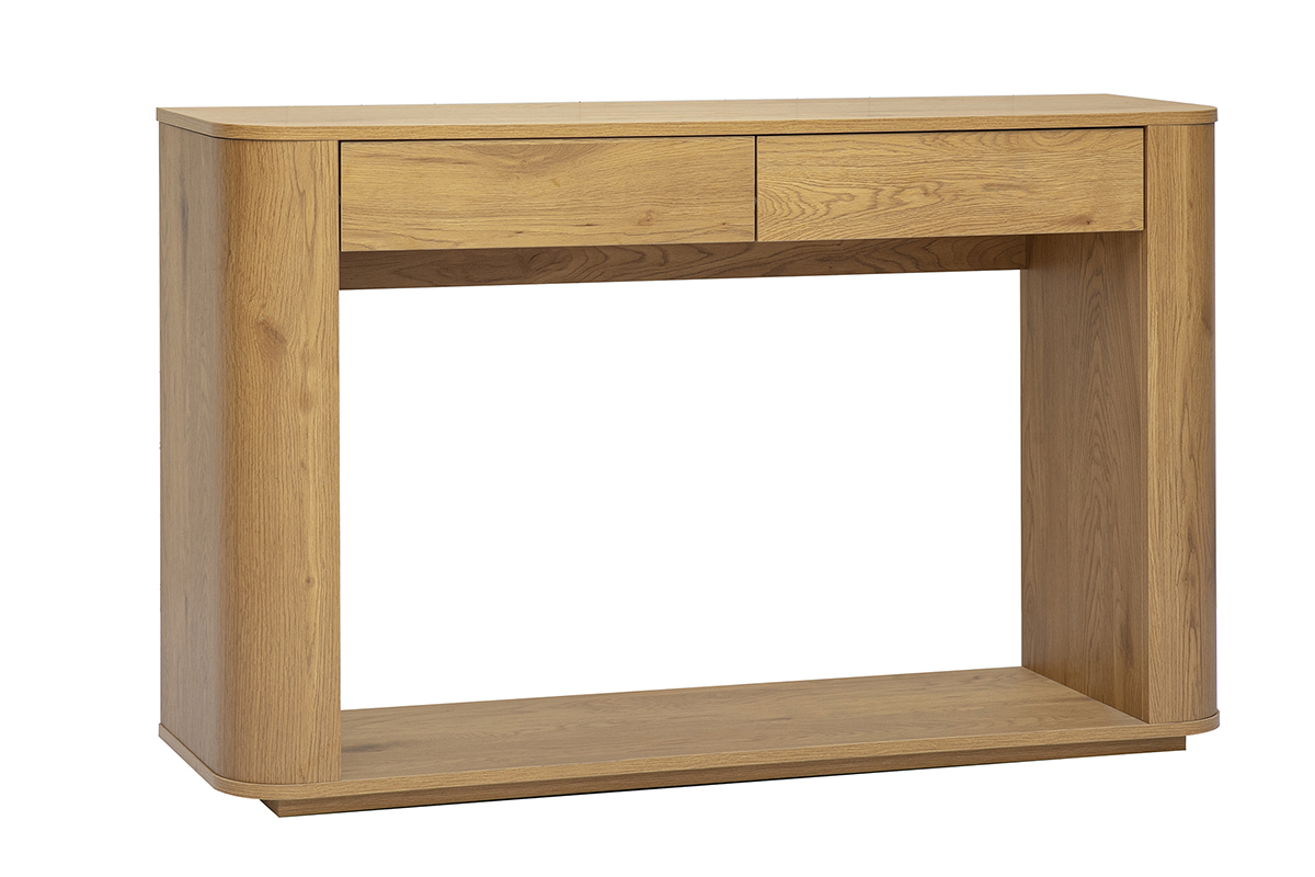 Console en bois clair ch�ne avec deux tiroirs, vue de 3/4.