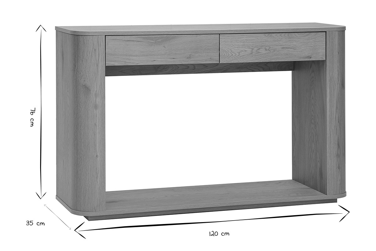 Dimensions de la console NEGAN en noir et blanc : L120 cm, H76 cm, P35 cm.