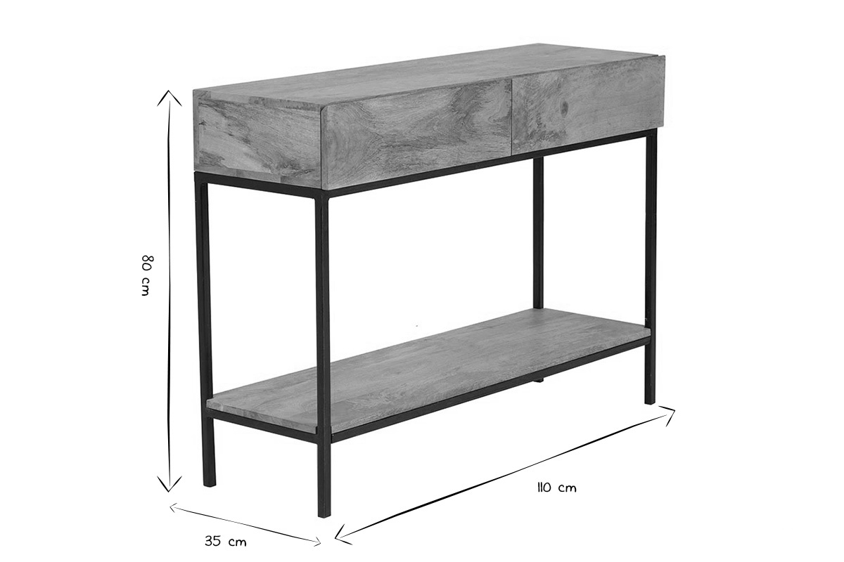 Console industrielle avec 2 tiroirs, dimensions en noir et blanc : L110 cm, H80 cm, P35 cm.