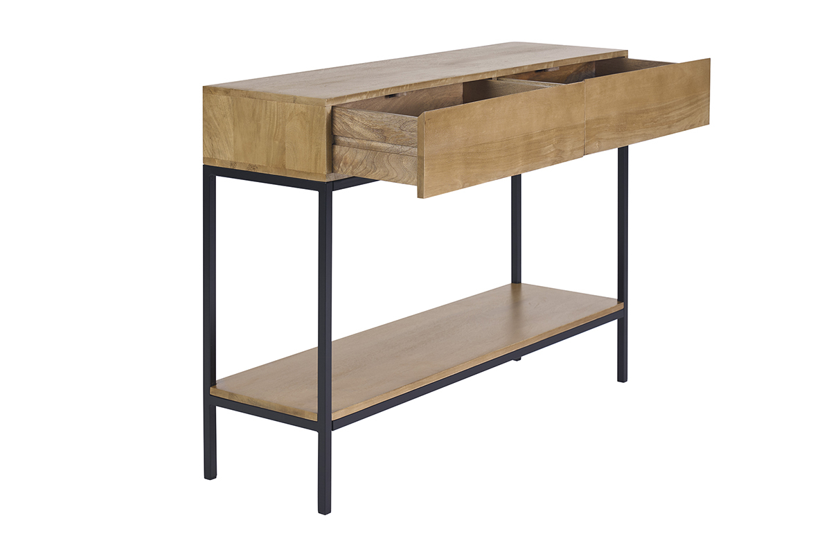Console industrielle YPSTER L110 cm avec 2 tiroirs en bois manguier et m�tal noir, vue lat�rale.