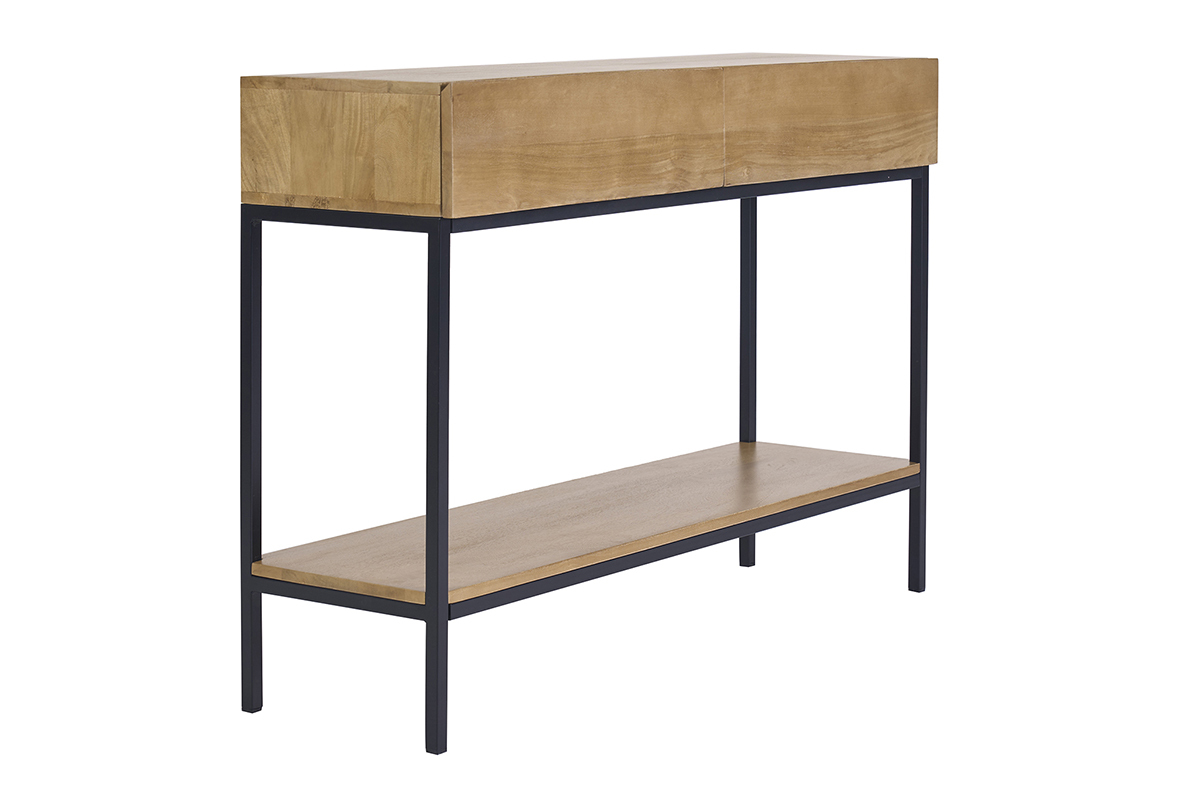Console industrielle L110 cm en bois manguier massif et m�tal noir, vue de 3/4