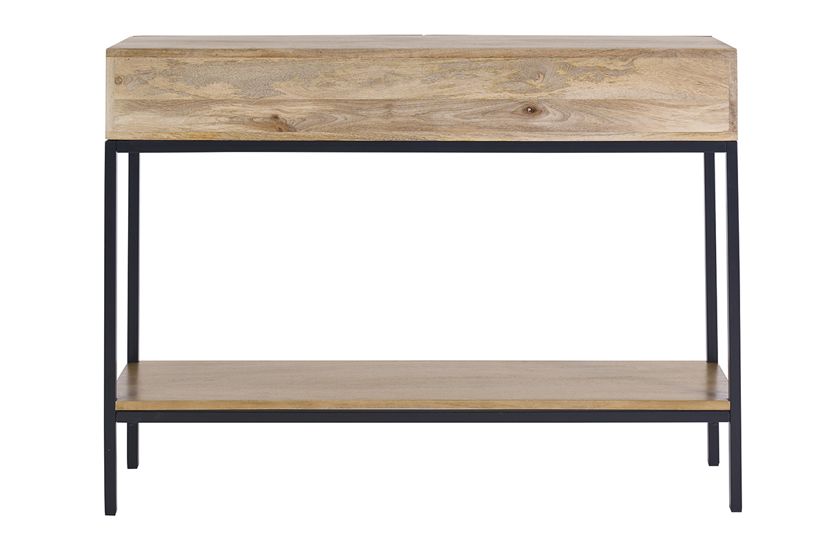 Console industrielle en bois manguier massif et m�tal noir, 2 tiroirs, vue de dos.