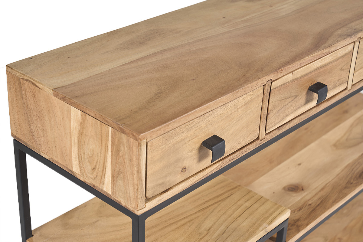 Console industrielle en bois et m�tal avec 4 tiroirs et �tag�res, vue zoom�e.