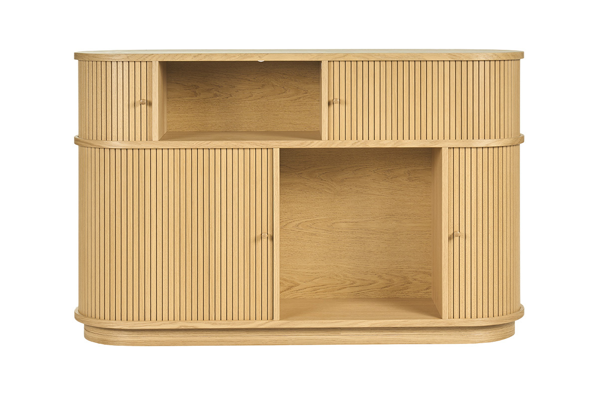 Console vintage en bois clair, vue de face, avec portes coulissantes et niches ouvertes.