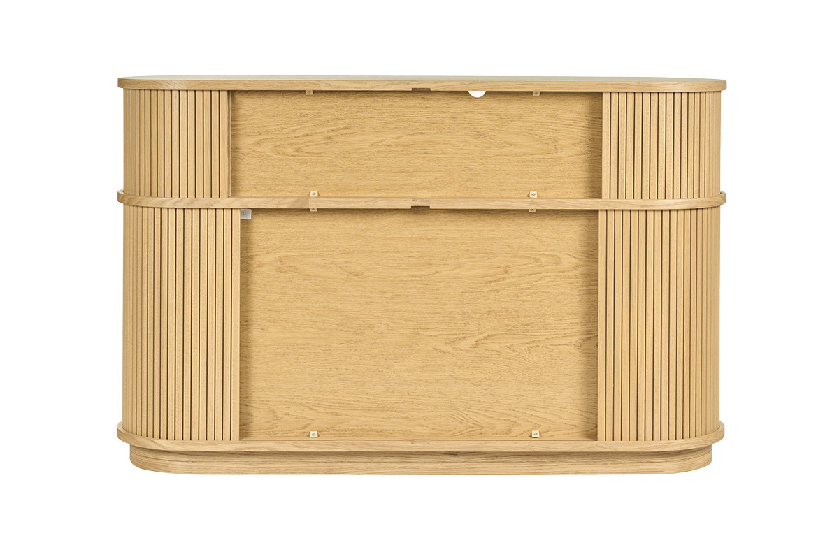 Console vintage en bois clair ch�ne avec portes coulissantes, vue de dos.
