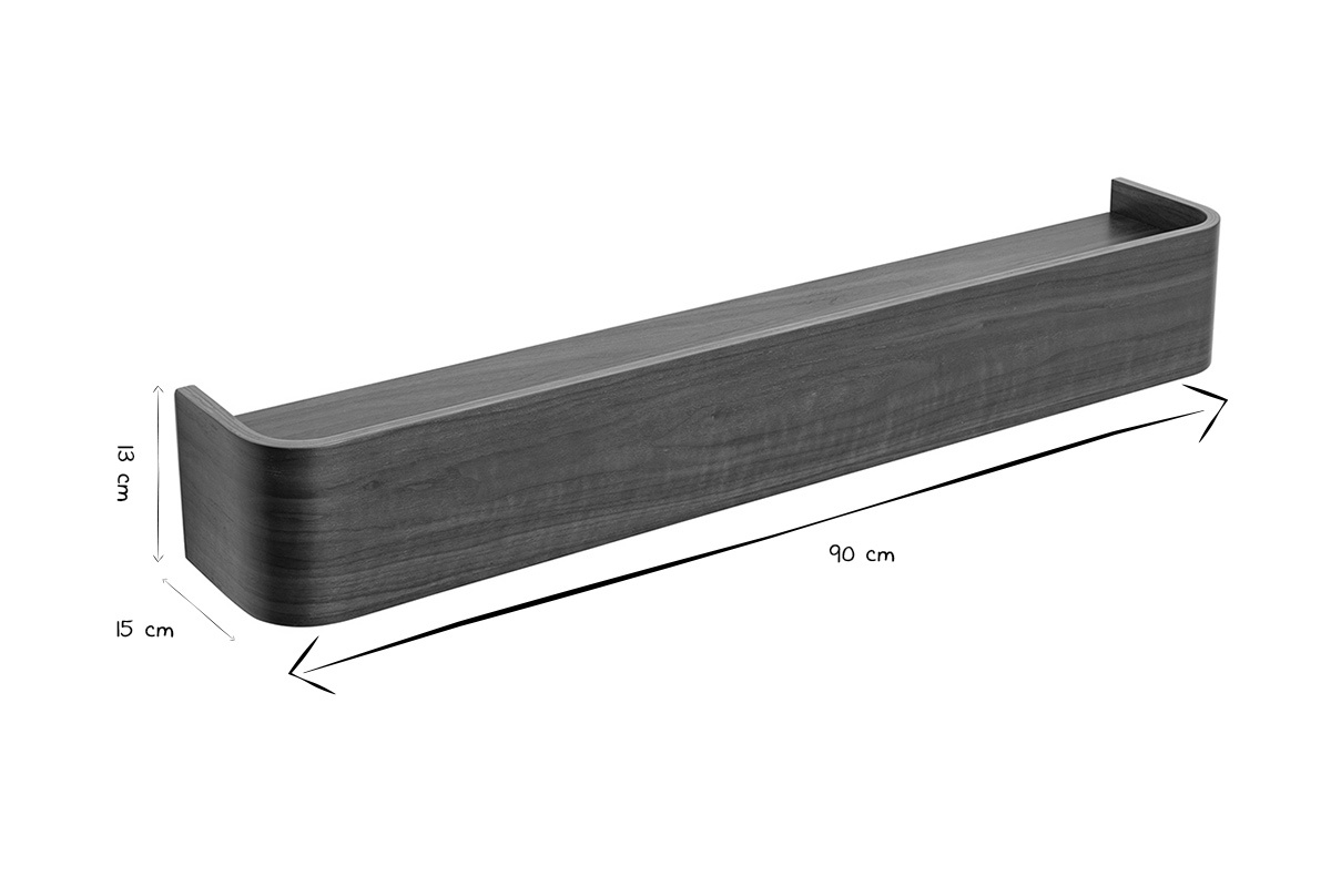 Dimensions de l'�tag�re murale bois noyer HOPE, vue de profil, en noir et blanc.