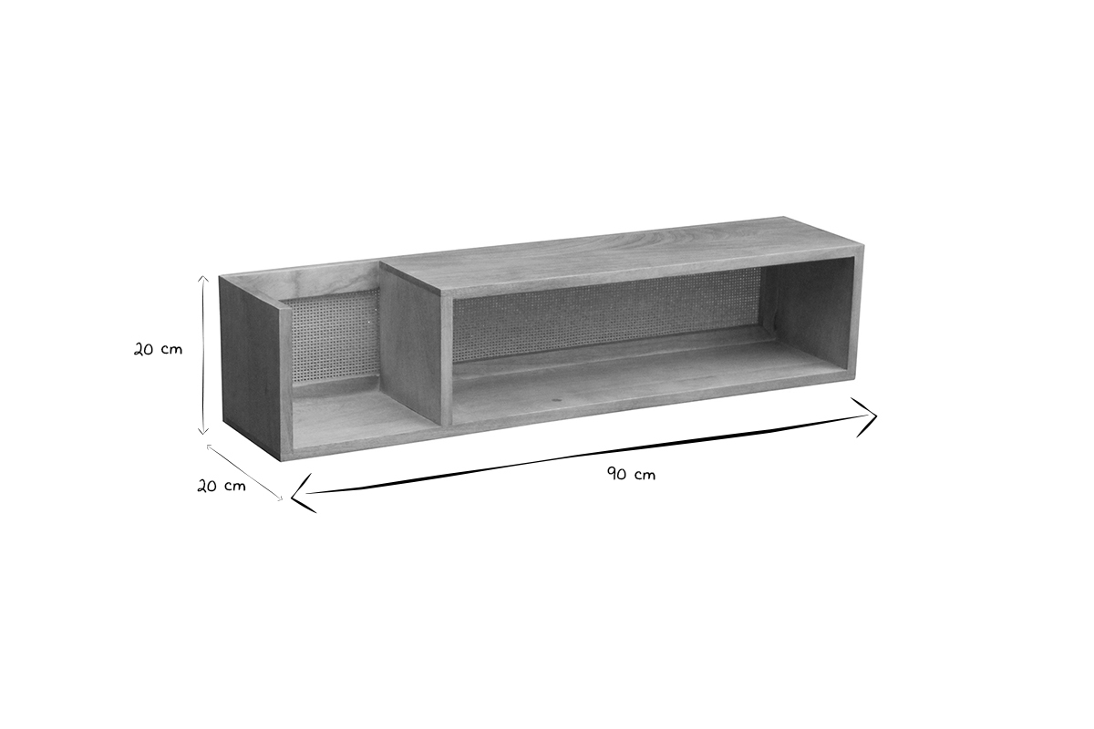 Etag�re murale en bois manguier massif et cannage rotin L90 cm ACANGE