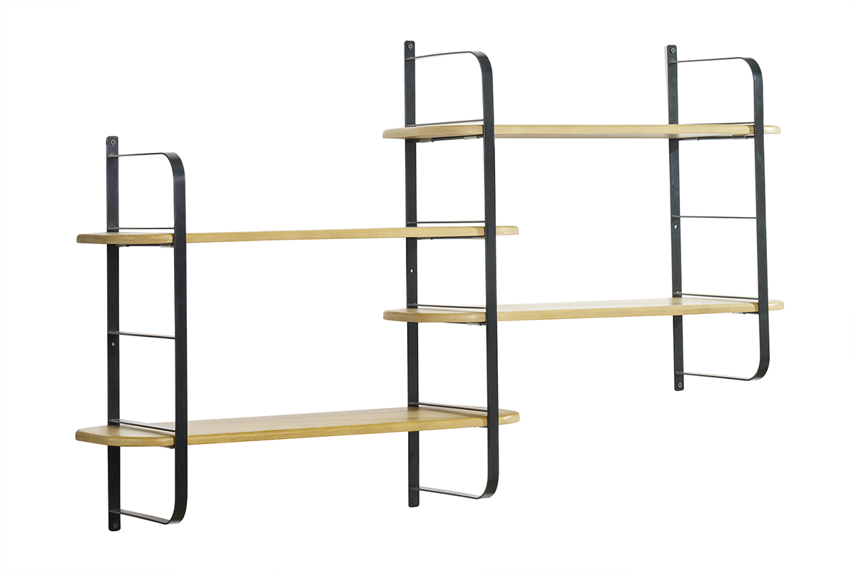 �tag�re murale en bois manguier massif et m�tal noir L122 cm AKINA
