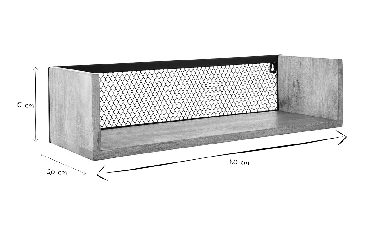 �tag�re murale industrielle en bois manguier et m�tal noir, dimensions L60 x P20 x H15 cm, vue de 3/4.